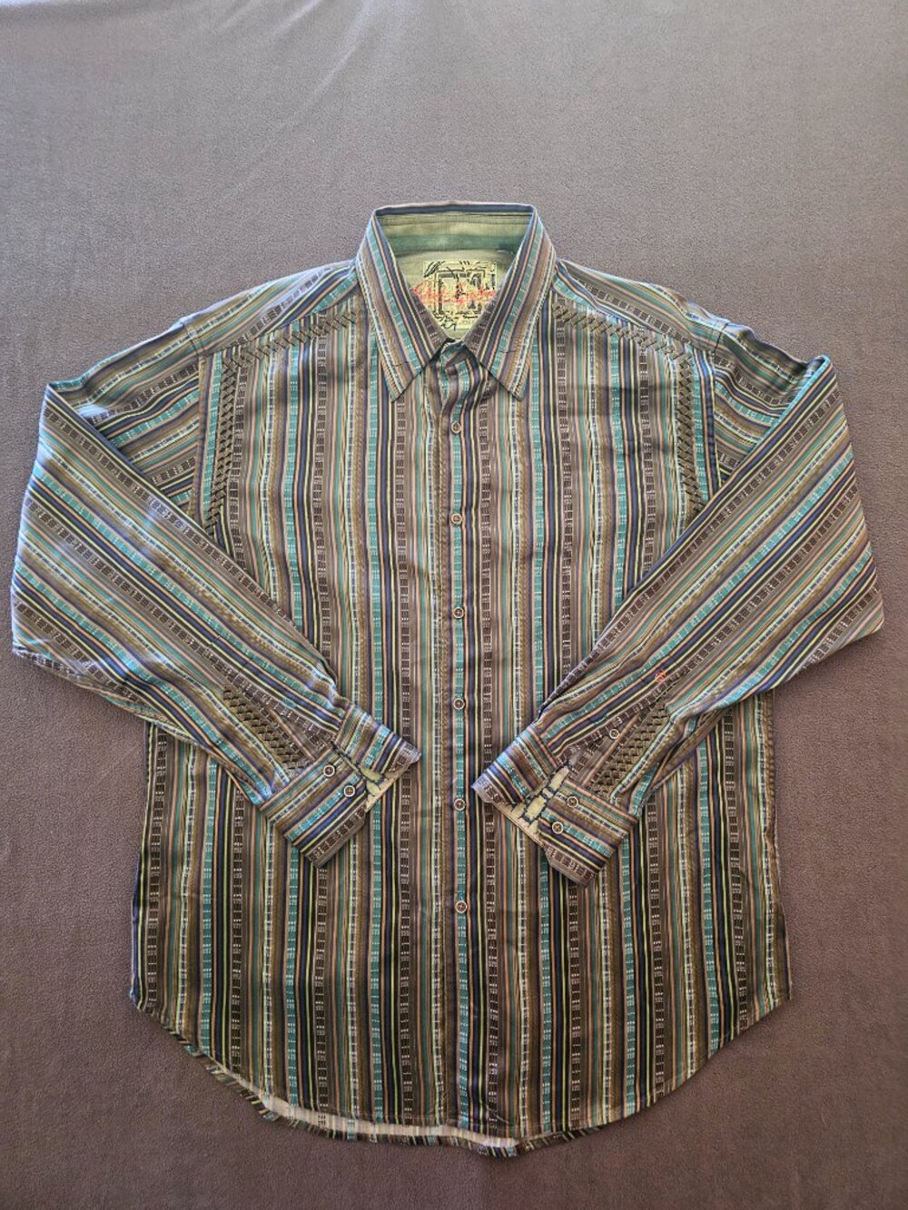 Robert Graham Shirt Mens XL Silk Trim Striped Embroidered Button Up Designer